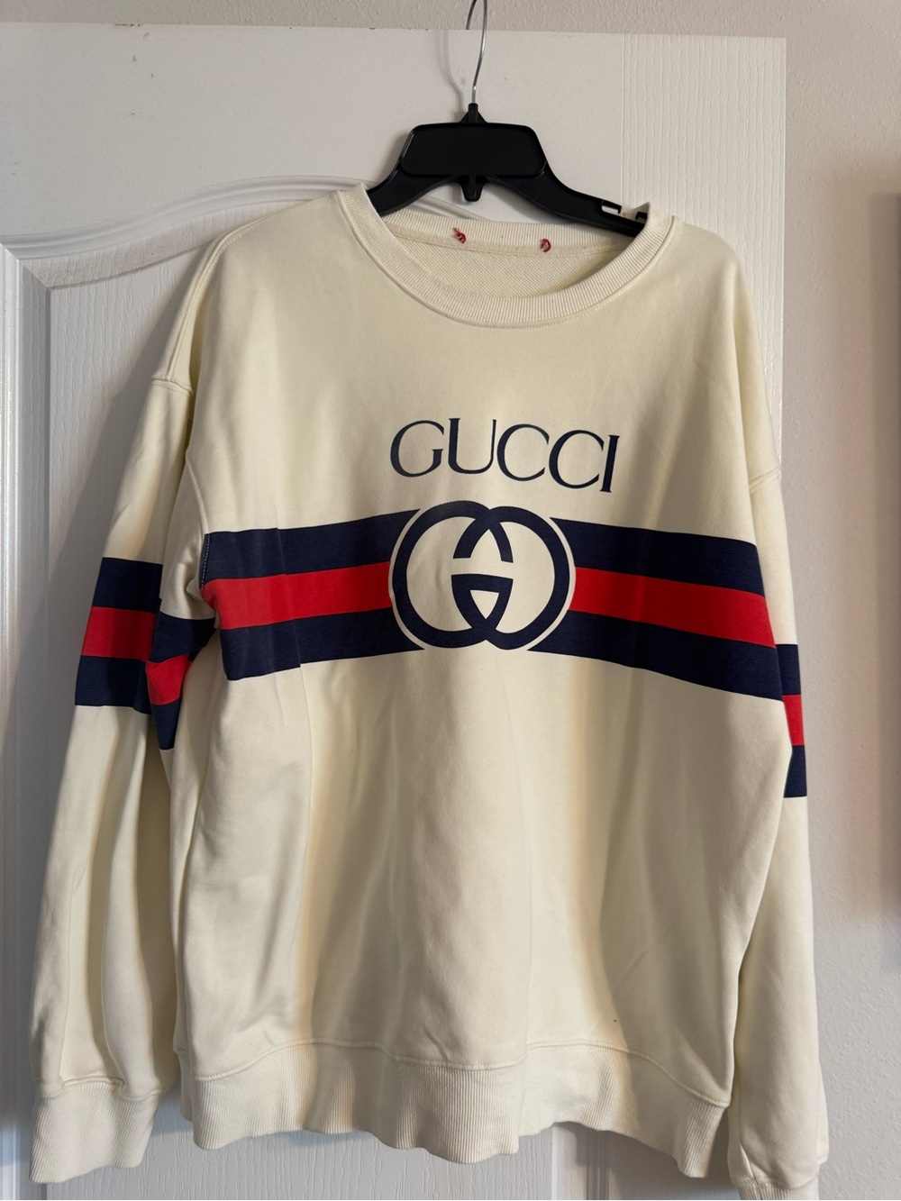 Gucci Cream Crewneck Sweatshirt with Navy and Red Stripes